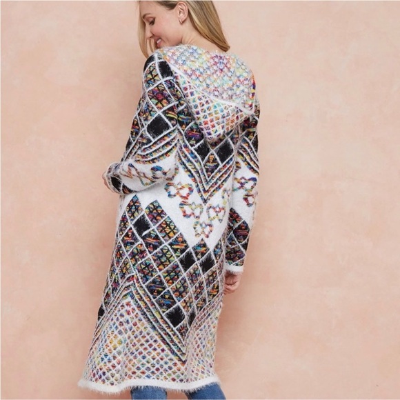 Anthropologie Sweaters - Anthropologie On Blue Hooded Duster Cardigan Colorful Diamond Pattern Knit